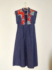 vintage Pret a Porter 70s blue jean denim dress floral inserts S M