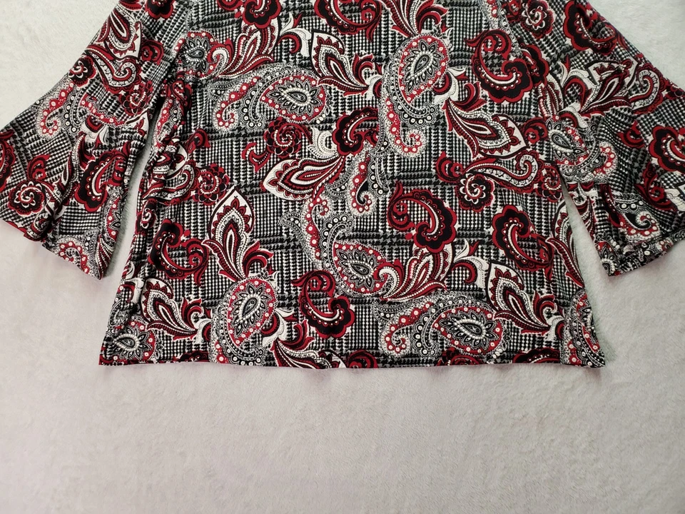 Nipon Boutique Blouse Top Women Size 1X Red Black Paisley Long Sleeve Round Neck - Imagem 3 de 4
