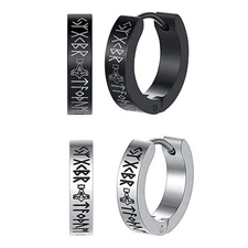 2pairs Norse Viking Runes Hoop Huggie Stud Earrings Men Women Stainless Steel