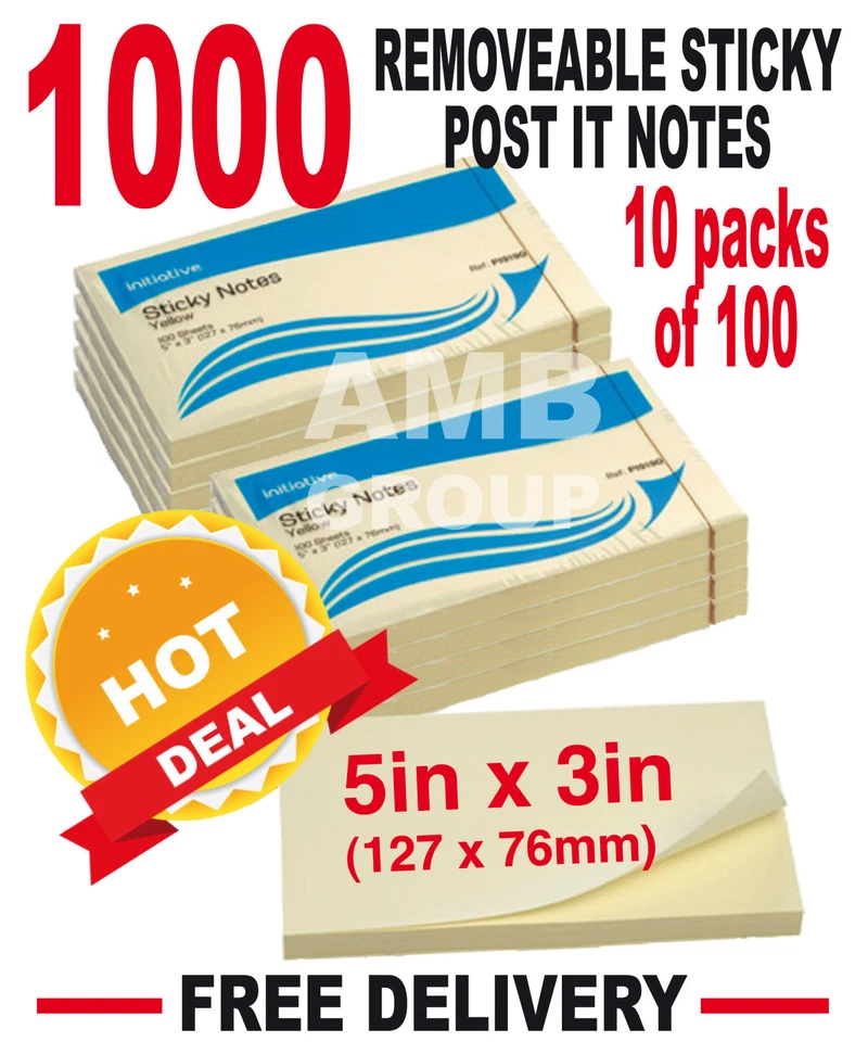 1000 Removable Sticky Notes Post It Notes 127mm x 76mm 5" x 3" (10 packs of 100)