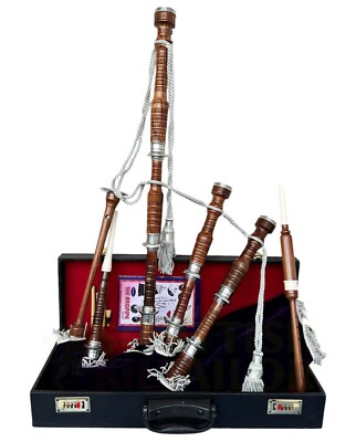 Great Highland Bagpipe Natural Finish Silver Mounts Purple Velvet +Tutor Book