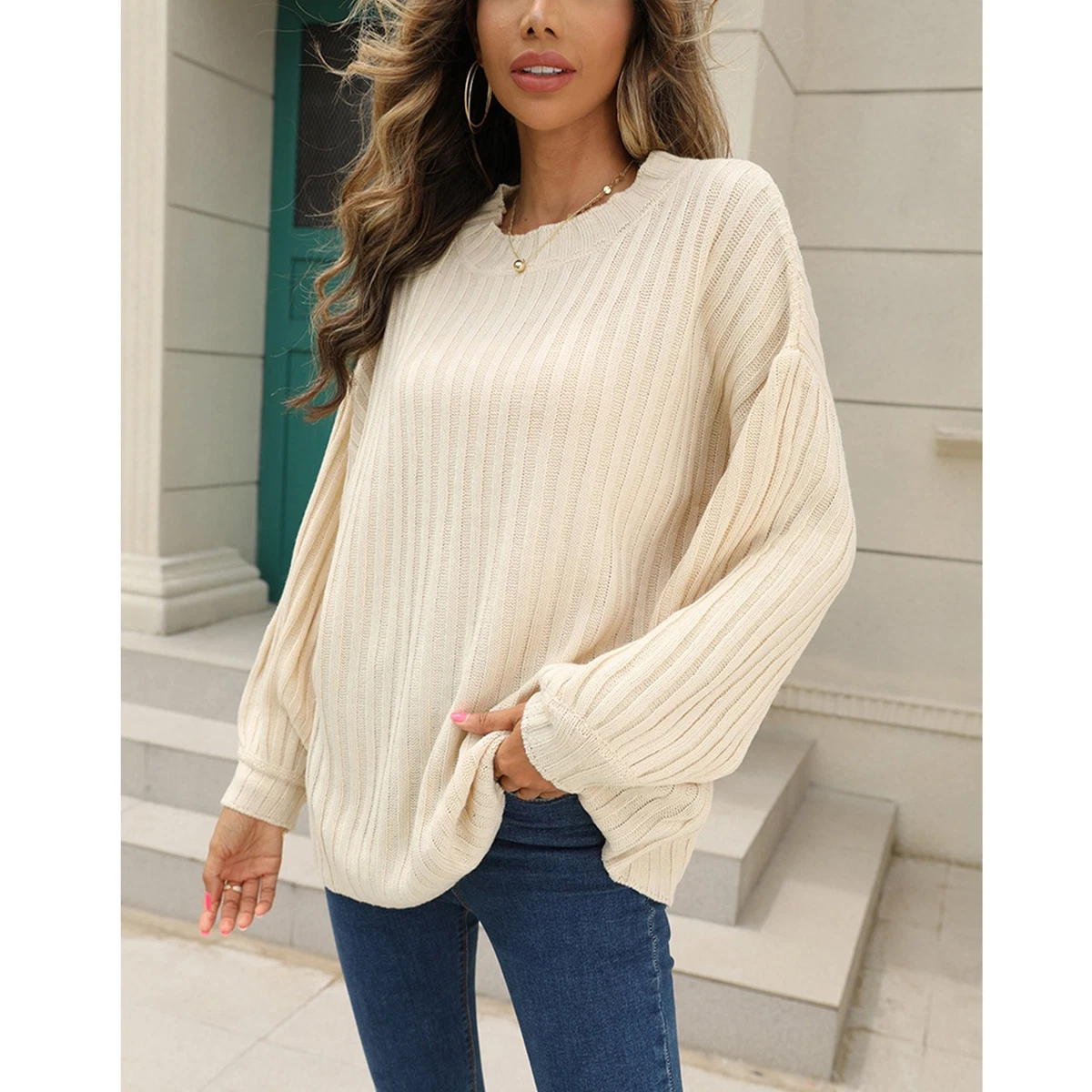 XL Beige Women s Crewneck Long Sleeve Rib Knit Sweater Casual Loose Pure Color