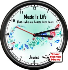 Personalized Music Is Life Heart Teacher's Name Classroom Room Sign Wall Clock
