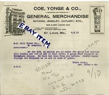 1910 LETTERHEAD St. Louis Missouri COE YONGE  Company WALKING STICKS CANES