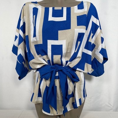 NY&C Blue Ivory Geometric Print Tie Waist Blouse Top Women's LARGE NWT