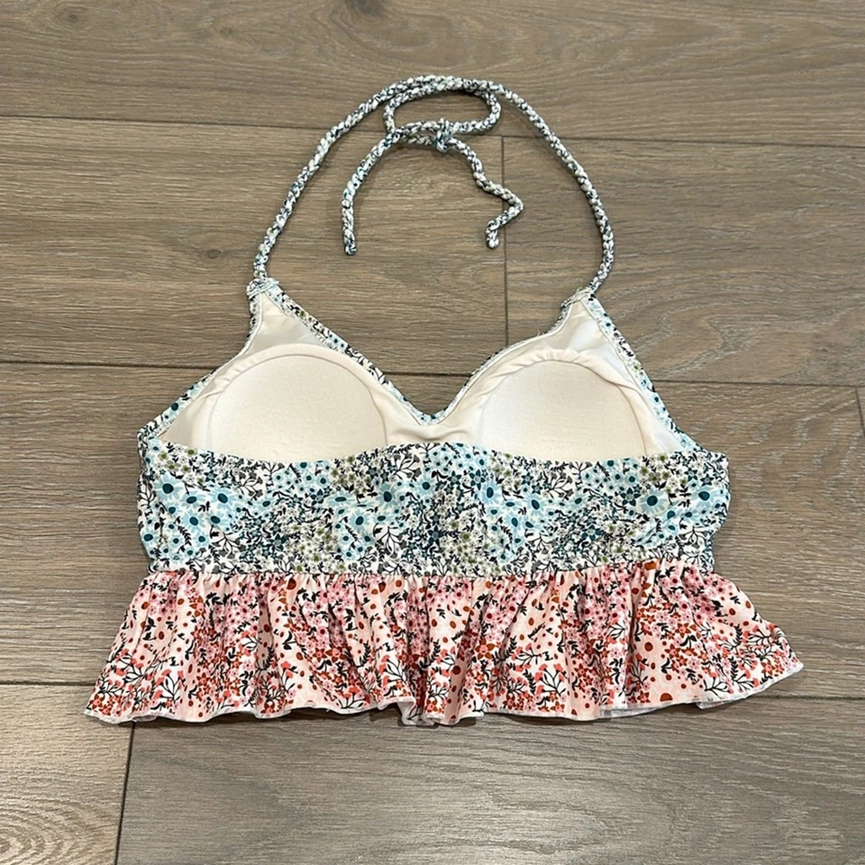 DOWNEAST Cream Pink Blue Green Floral V Neck Halter Tie Tankini Swim Top Size M - Image 2 of 4