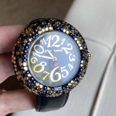 Betsey Johnson Gold/Black Rhinestone Leopard Print Watch Leather Strap
