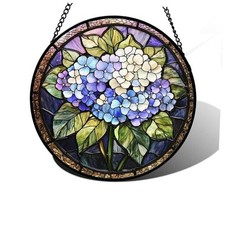 Stained Glass Window Hanging, Hydrangea Flowers Sun 11.8x11.8 IN Purple