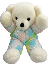 Dakin Cuddles Teddy Bear Plush Pastel Plaid Pink Blue Green 1979 White 16" VTG