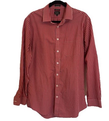 Neiman Marcus Red White Check Plaid Casual Shirt Trim Fit L 16 34/35 4th Of July