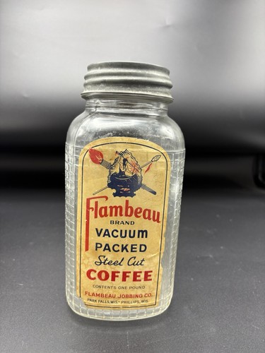 Flambeau Brand Coffee Jar GlassPaper Label Indian Park Falls Phillips WI Scarce