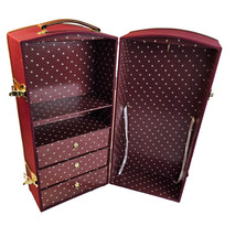 Vintage Steamer Trunk Doll Case Burgundy Travel Armoire with brass fixtures