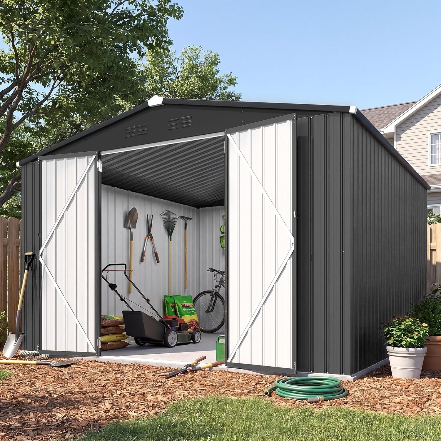 10x10 FT Metal Outdoor Storage Shed Lockable Heavy Duty Garden Shed Dark Grey