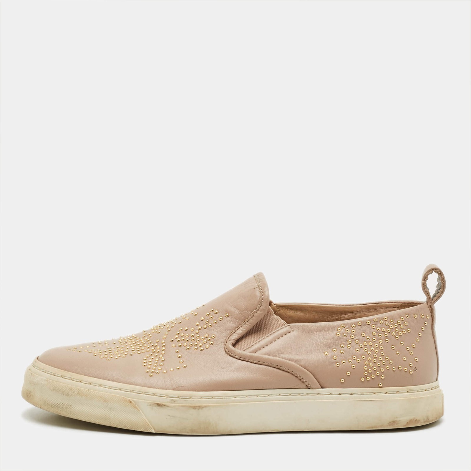 Chloe Size 39 Beige Leather Embellished Slip On Sneakers