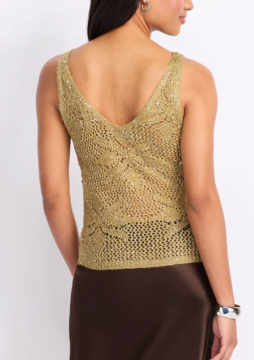 Vero Moda Leilani Gold Sequin Open Knit Sweater Tank L