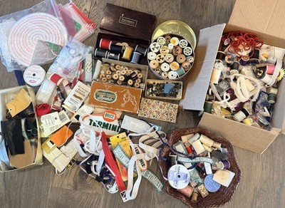 Vintage Sewing Notions Lot Wooden Spools Buttons Trim Craft Supplies ESTATE FIND