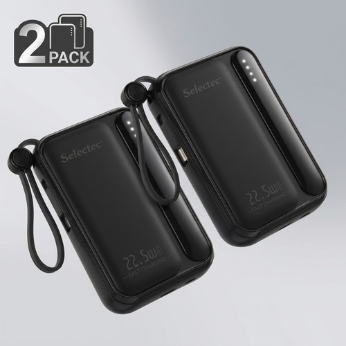 2 Pack 10000mAh Portable Power Bank Built-in Cables LED Display Flashlight Black