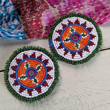 Kuchi Beaded Gul Patches Tribal Medallions Red Flowers 3" 21577 