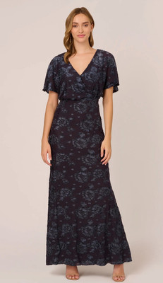 Adrianna Papell Womens 2 Navy Floral Burnout Velvet Long Blouson Dress Gown New
