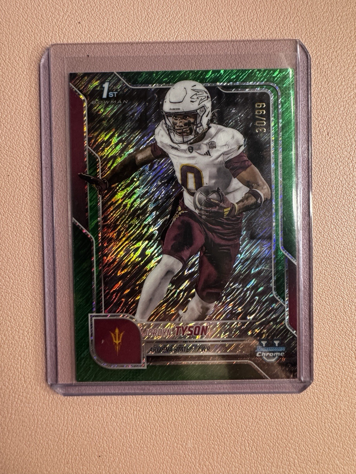 2025 BOWMAN UNIVERSITY CHROME JORDYN TYSON 1ST CARD GREEN SHIMMER REFRACTOR /99