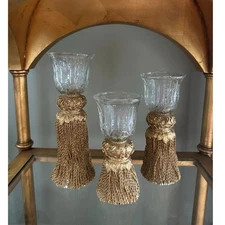 Set of 3 Candle Holders gold tassel glass Votive ornate decor 9”8”7”
