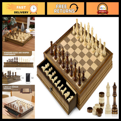 Magnetic Chess & Checkers Set - 2-in-1 Wooden Board Game with Storage Drawers, T