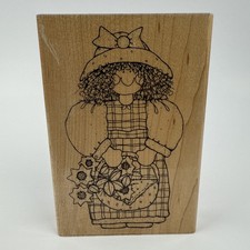 DOTS Sun Shine Sunflowers Folk Art Girl Flower Basket Wood Rubber Stamp 3x4.5