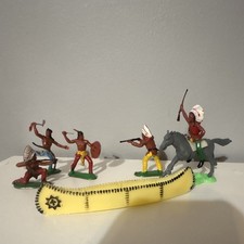 Vintage Western Cowboy Toy Indians Figures Lot w/ Canoe Horse Painted Plastic