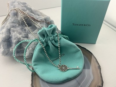 Tiffany & Co Silver Diamond Daisy Key Pendant Charm Rare Large 23  Beaded Chain