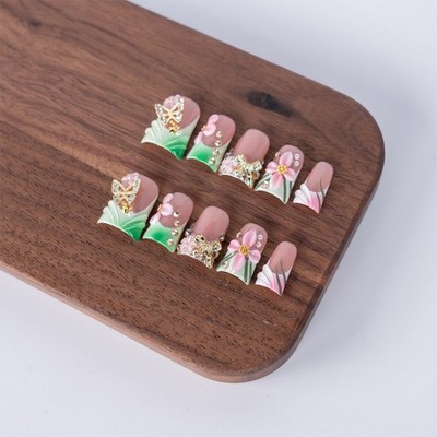 Handmade Press On Nails Pink Green Gradient 3D Butterfly Duck Fake Nails Gift