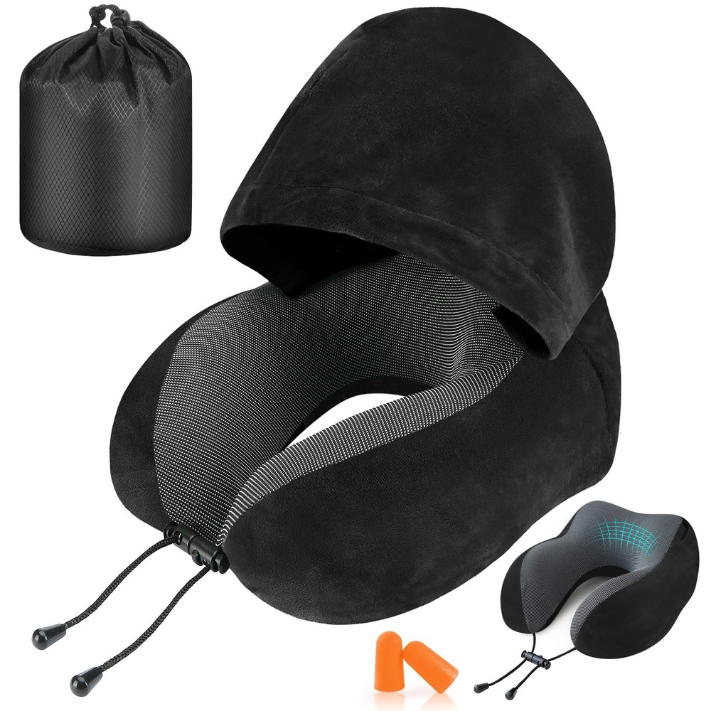 Memory Foam Travel Neck Pillow with Hood for Airplane Comfort in Black