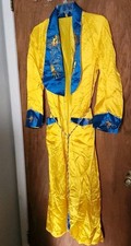 Vintage Chinese Dragon Pajamas Yellow 3pc Set Robe Top Pants Embroidered NEW 