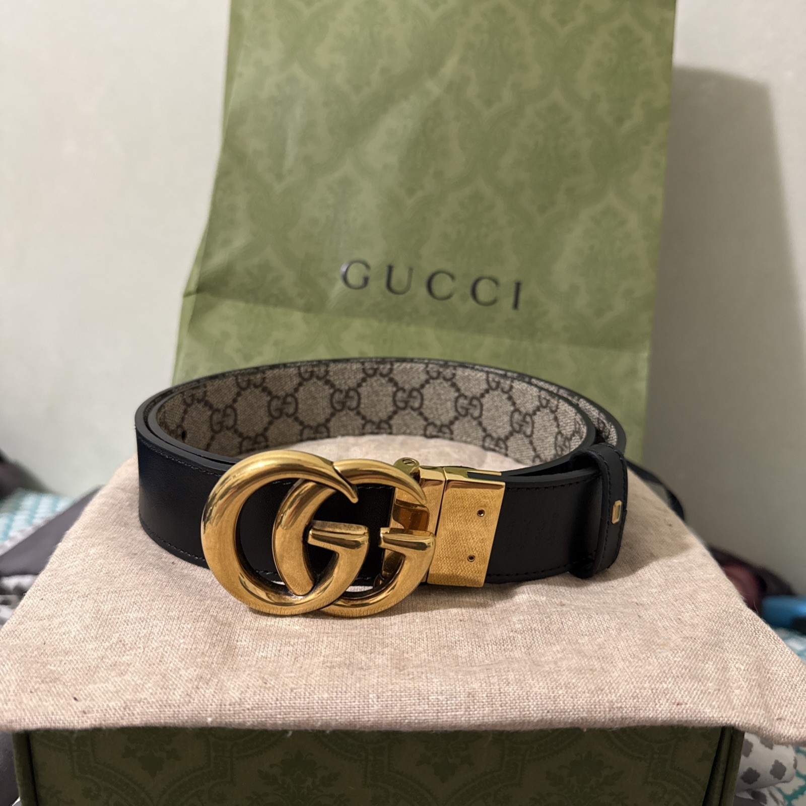 Used Gucci Marmont Reversible Supreme Belt Black/Beige Size 90-36 US size 8