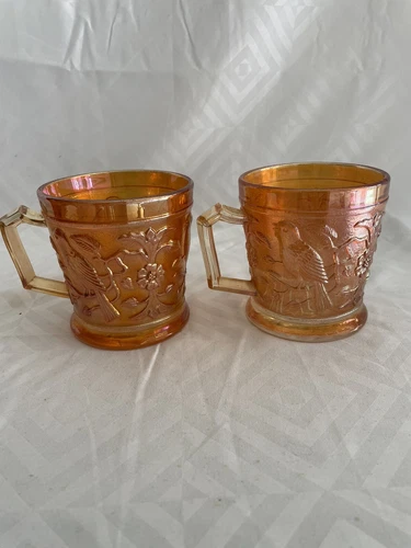 2 Carnival Marigold Robin Songbird Mugs by Imperial Glass Co. VTG 1960's