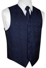 MEN'S NAVY BLUE PAISLEY TUXEDO VEST, TIE HANKIE SET. FORMAL DRESS WEDDING PROM