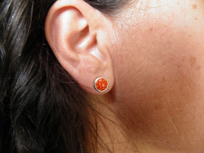 Boucles D'oreilles Clous Rondes – Galuchat Véritable Orange Et Argent 925 – Gros Grains – Neuf