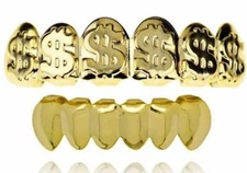 Hip Hop 14K Gold Plated Mouth Teeth Grillz Set Pimp Cash Money Dollar Sign