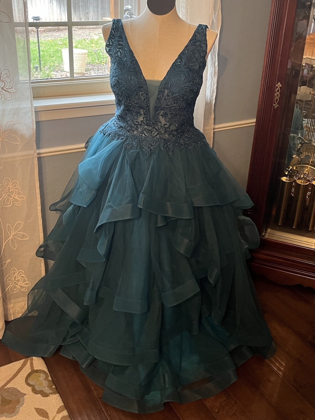 Gigi Designs Teal Prom Dress, V Neck Lace Bodice Ruff… Gem