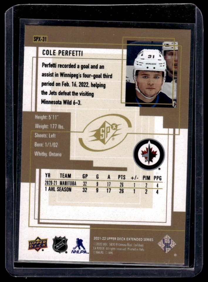 2021-22 Upper Deck Extended Series 1999-00 SPx Retro Cole Perfetti #SPX-31 - Image 2 of 2