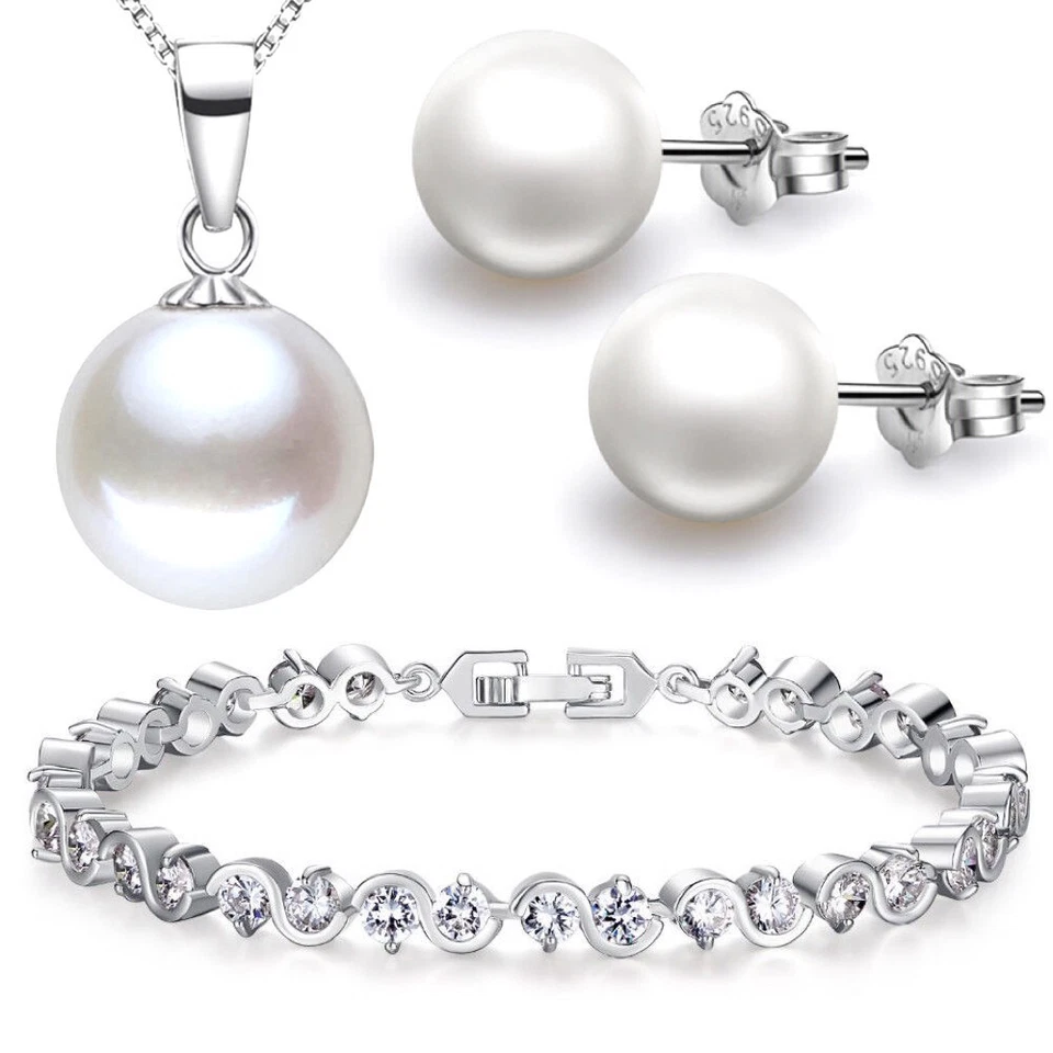 PERLEN SCHMUCKSET 925 STERLING SILBER KETTE PERLE ANHÄNGER ARMBAND OHRSTECKER