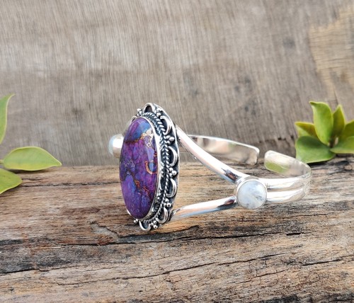Purple Copper Turquoise Gemstone Bangle 925 Sterling Silver Handsome Boys Gift - Picture 2 of 6