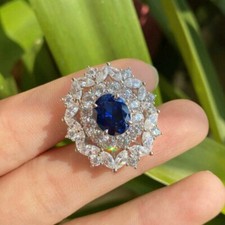 3.56ct Oval Lab Created Blue Sapphire Floral Cocktail Women's Ring 925 Silver