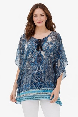 Chicos Blue Paisley Sheer Boho Blouse Size S M Tassel Tie Top Katran