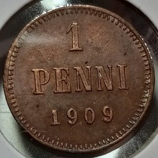 1909 Finland 1 Penni Nicholas II Copper Coin (Extra Fine Details)