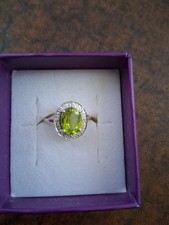Oval Cut Peridot Diamond Halo Engagement Ring 9K White Gold Over Size N