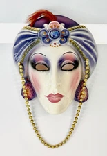 Clay Art San Francisco Ceramic Wall Mask Fortune Teller Beads Feather Art Deco