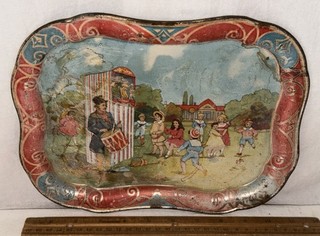 ANTIQUE TIN LITHO TOY TEA SET TRAY DISH EARLY PUNCH JUDY PUPPET CLOWN PARK PLAY
