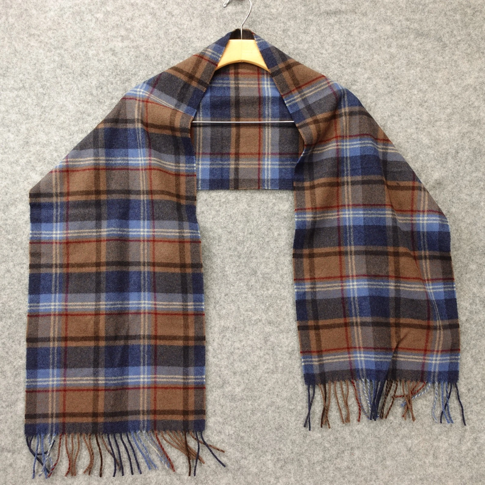 Wool Plaid Scarf Mens Navy Camel Brown Tartan Fringe Muffler Neck Wrap 11.7x58