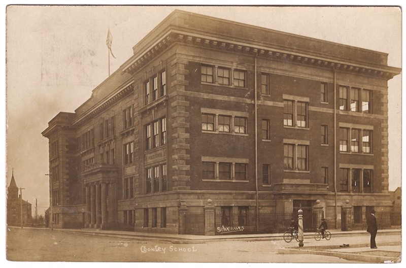 Real Photo: John C. Coonley Elementary School, Bicycles, Chicago, IL. Pre-1910.