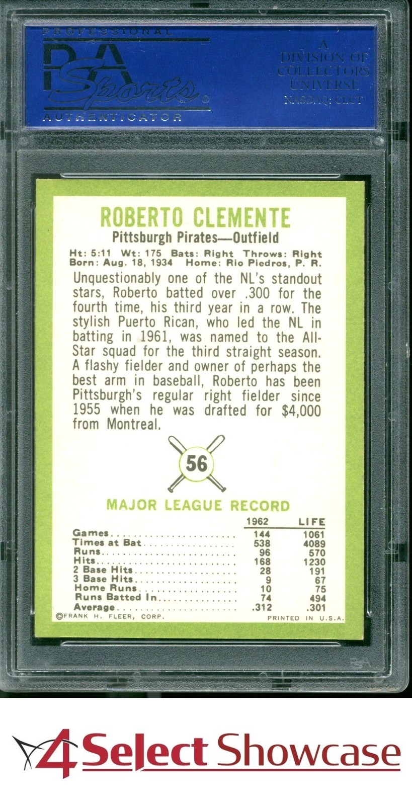 1963 FLEER #56 ROBERTO BOB CLEMENTE PIRATES HOF PSA 8 view 2